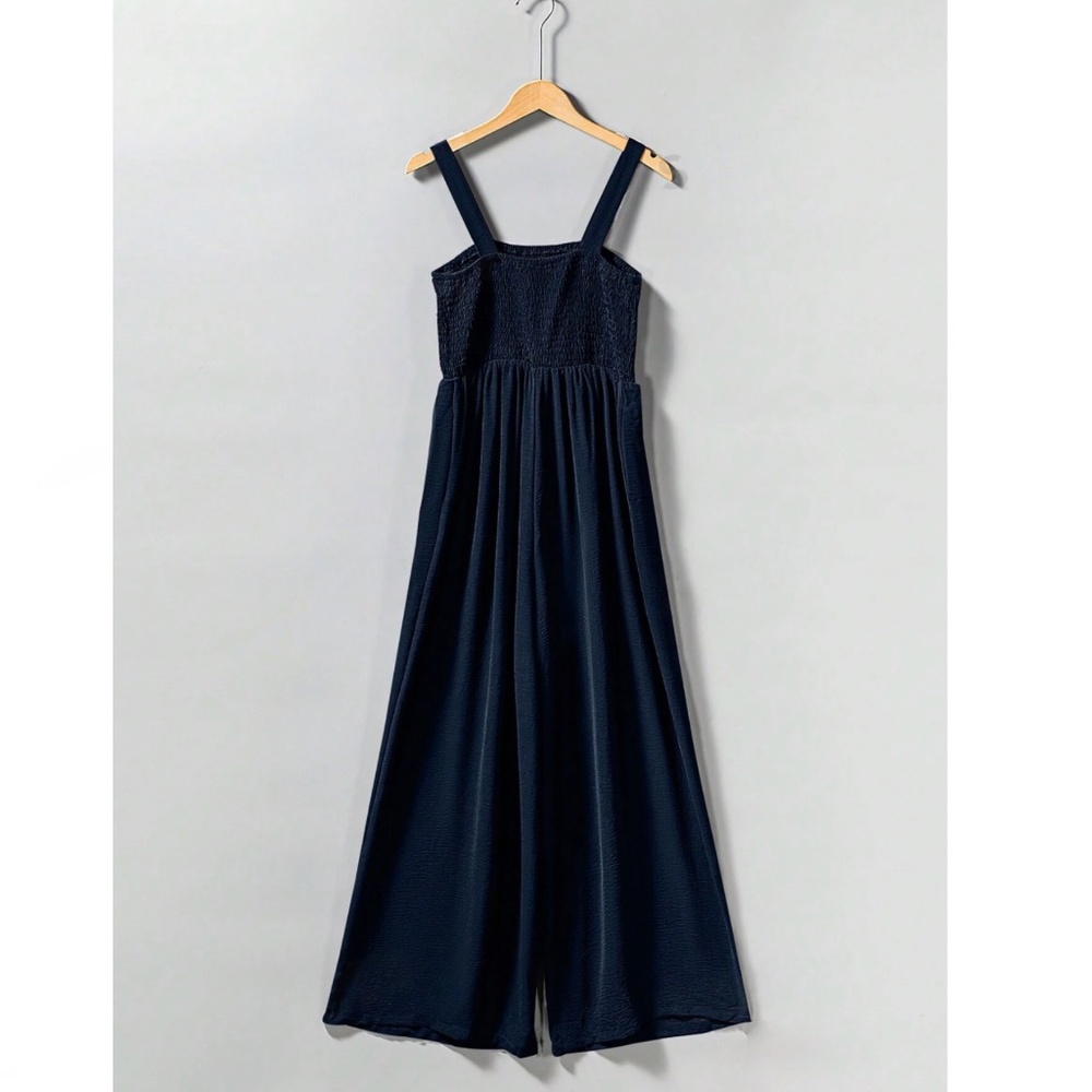 Navy Blue Jumpsuit Slant Pocket Wide Leg Shirred Bodice - Picture 7 of 10
